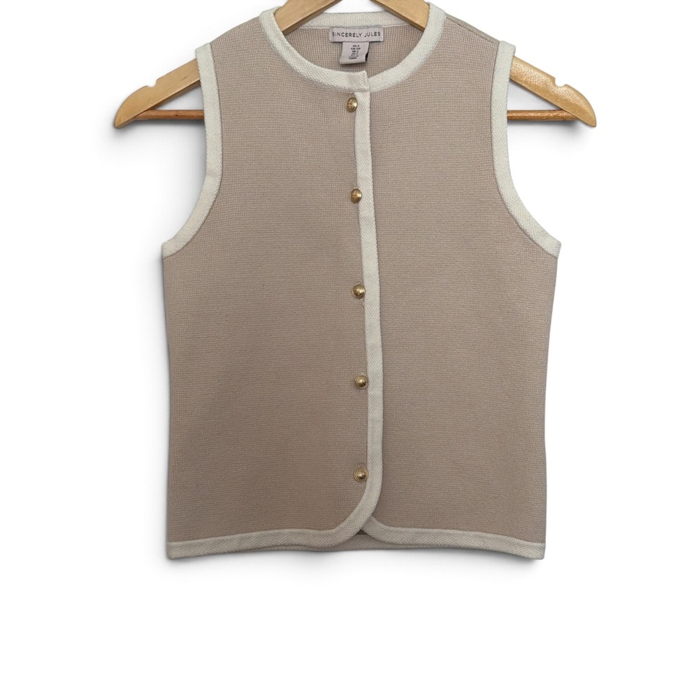 Sincerely Jules Tan Cream Knit Sleeveless Cardigan Vest Gold Crest Buttons S